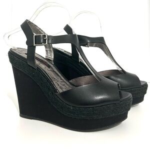 Material Girl Black Faux Leather T-Strap Platform Faux Suede Heel with C…